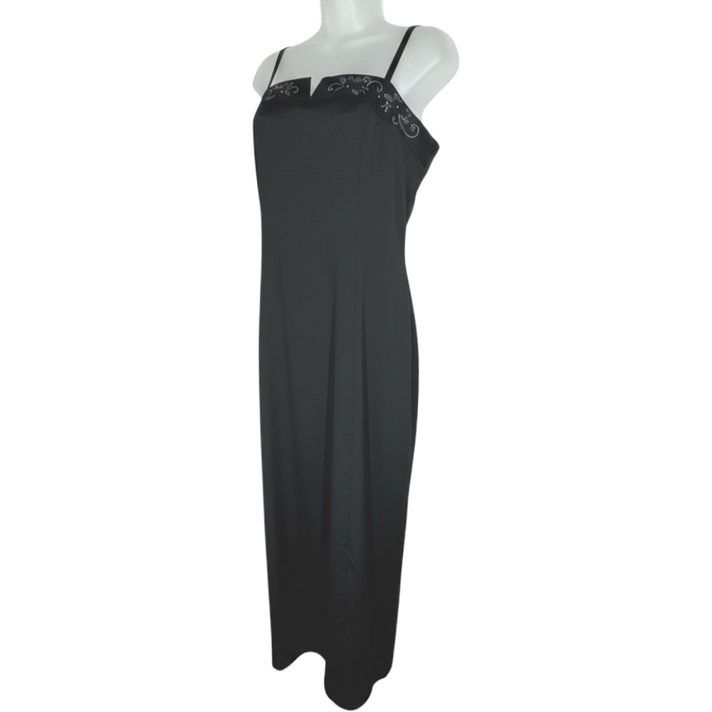 Rampage Vintage Black Satin Maxi Dress Embroidered Floral Slit 90s Womens 11 Y2K
